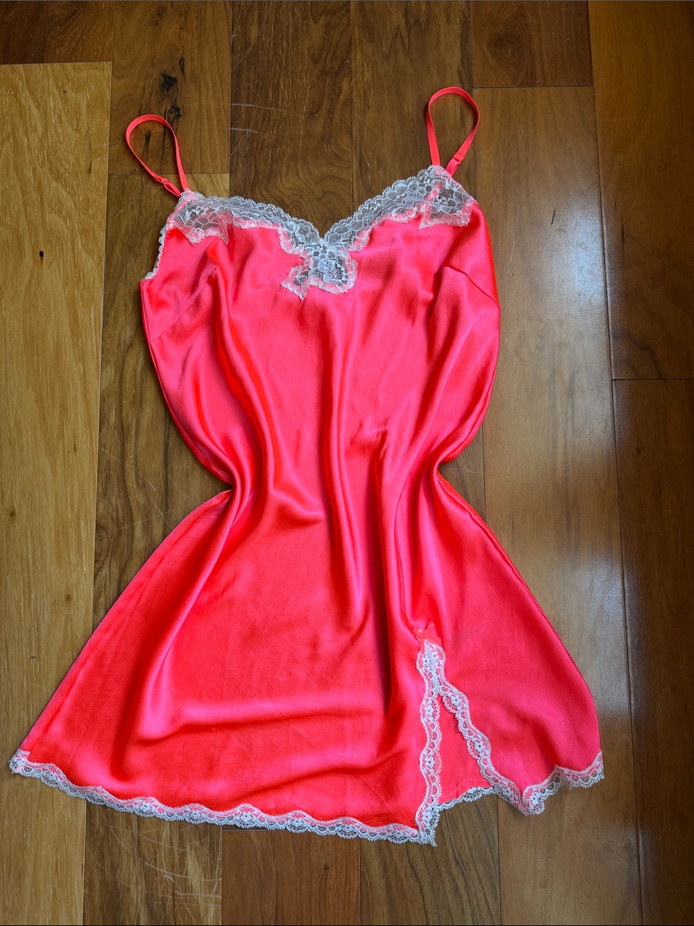 Neon Pink/Orange Satin Lace-Trim Slip - Women’s Chemise